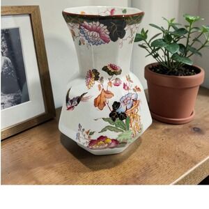 Antique Mason's Persiana Ironstone Octagonal Bud Vase Floral Bird Chinoiserie 6"